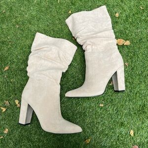 Elegant Cream Chunky Heel Slouchy Boots